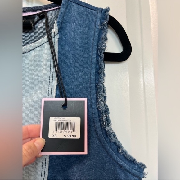 New✨Nanette Lepore | Blue Denim Patchwork Split V-neck Shift Dress - Picture 3 of 6